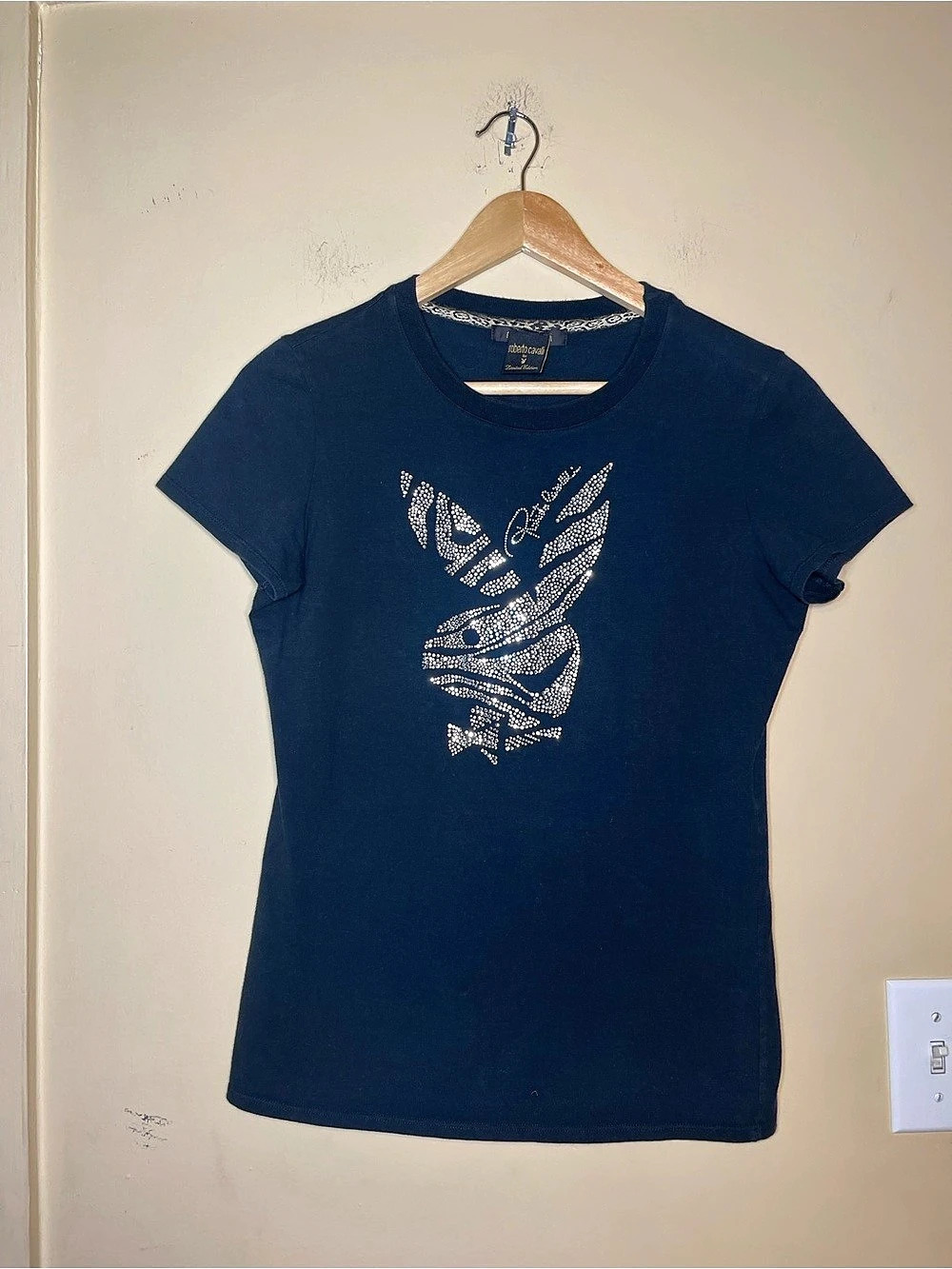 Roberto Cavalli x Playboy Rhinestone Bunny T-Shirt Tee Blue Size 46